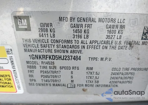 2017 Chevrolet Traverse Ls z USA, uszkodzony, nr VIN 1GNKRFKD5HJ237484